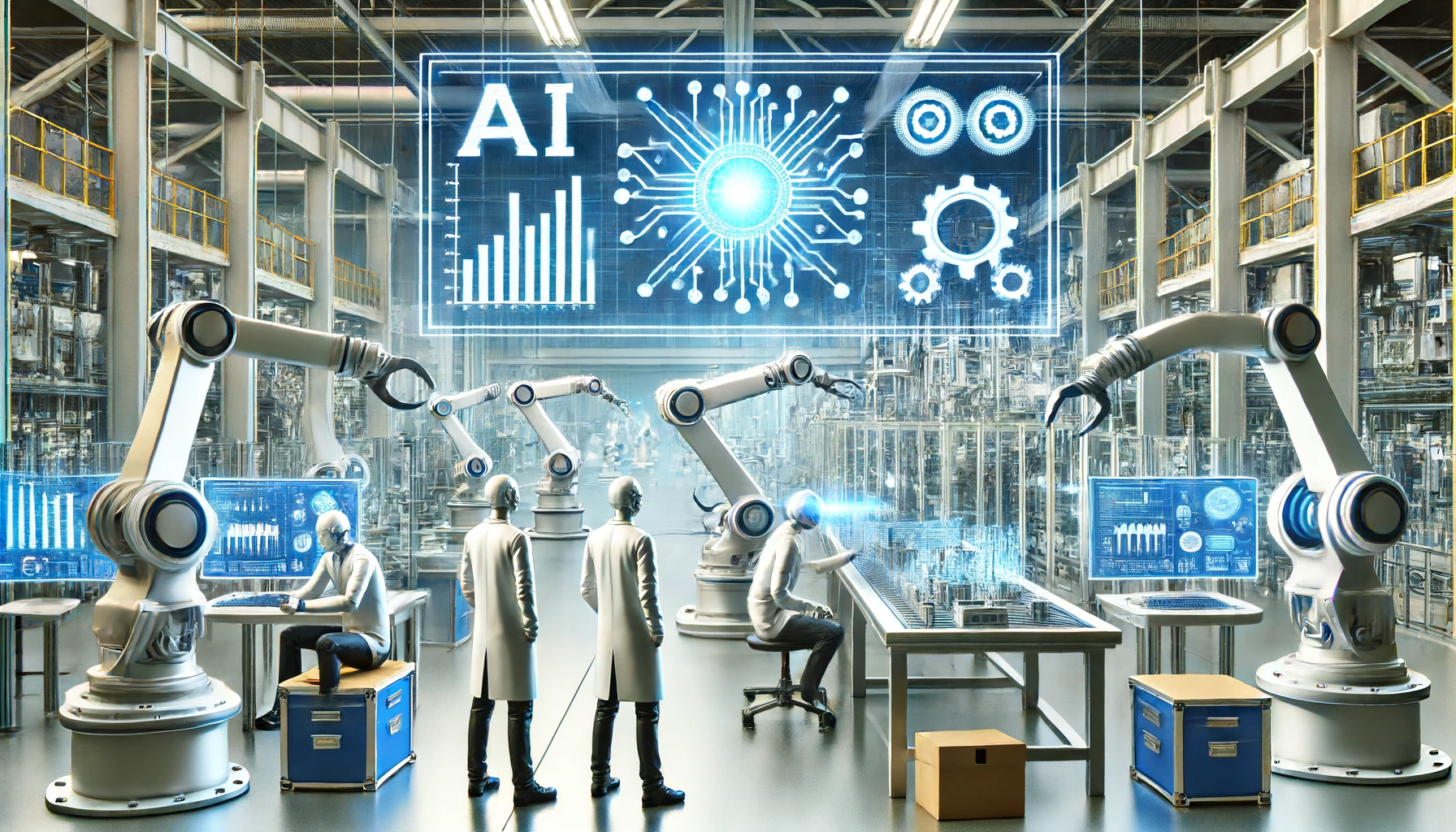 DALL·E-2024-06-15-18.49.59-A-futuristic-manufacturing-facility-with-robotic-arms-working-on-an-assembly-line-overseen-by-engineers-analyzing-data-on-large-screens.-The-environm