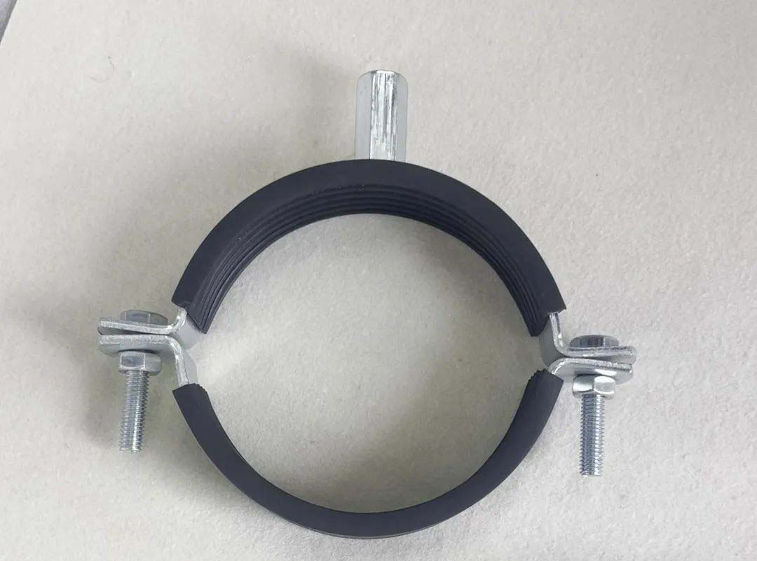 Actual photo of adjustable Ω-shaped pipe hanger, with a telescopic opening, suitable for pipes of different diameters, commonly used for seismic limiting installation of bridge pipelines.