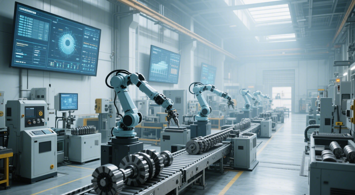 Describe the scene of intelligent and automated crankshaft casting workshop in the future