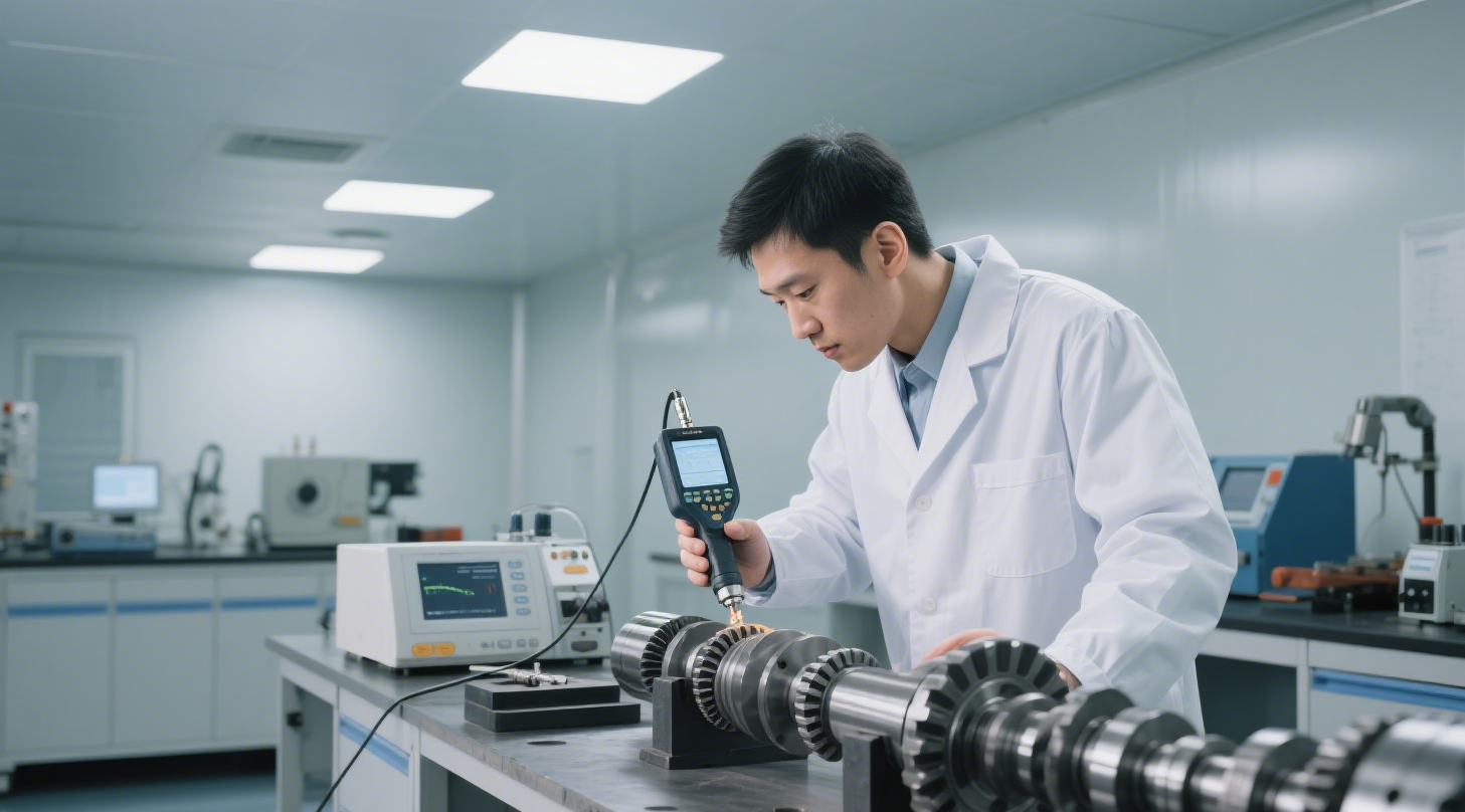 Display the crankshaft quality inspection process, where inspectors use various instruments