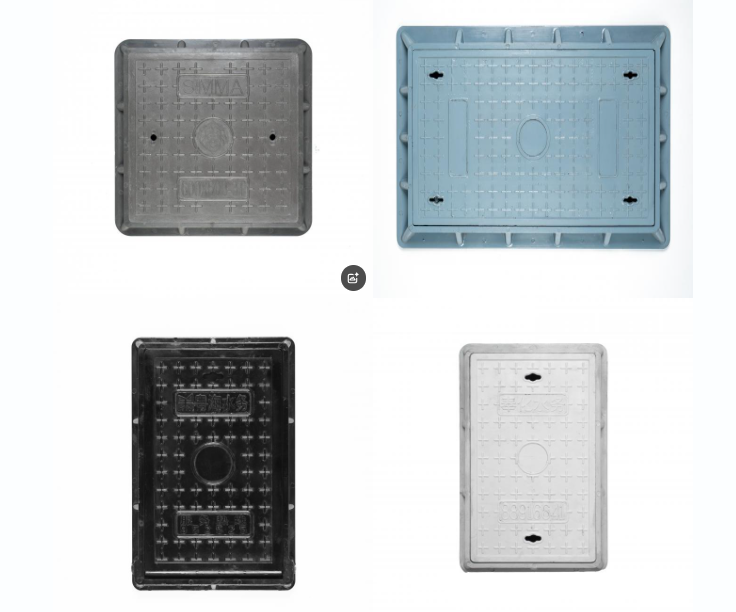 Composite square manhole covers with sizes 200530 to 10401590 on display