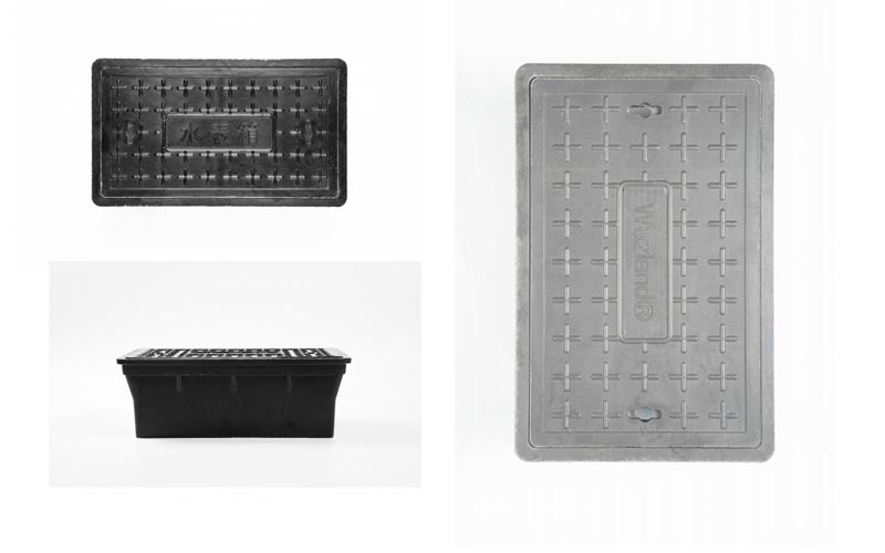 Whole and split type composite water meter boxes, showing appearance and internal structure