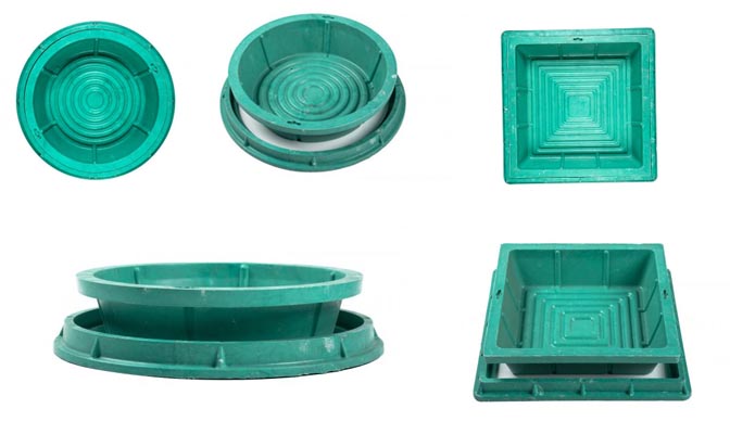 Composite flower pot manhole cover with plants on top, integrated into garden landscape
