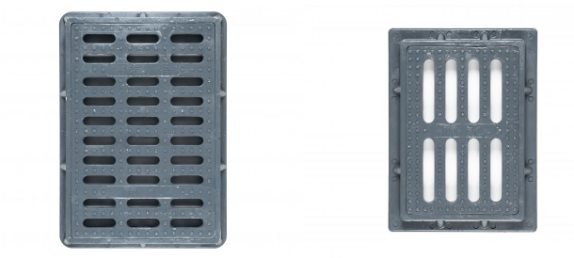 Section view of composite set grate installed with drainage well, showing structural tightness