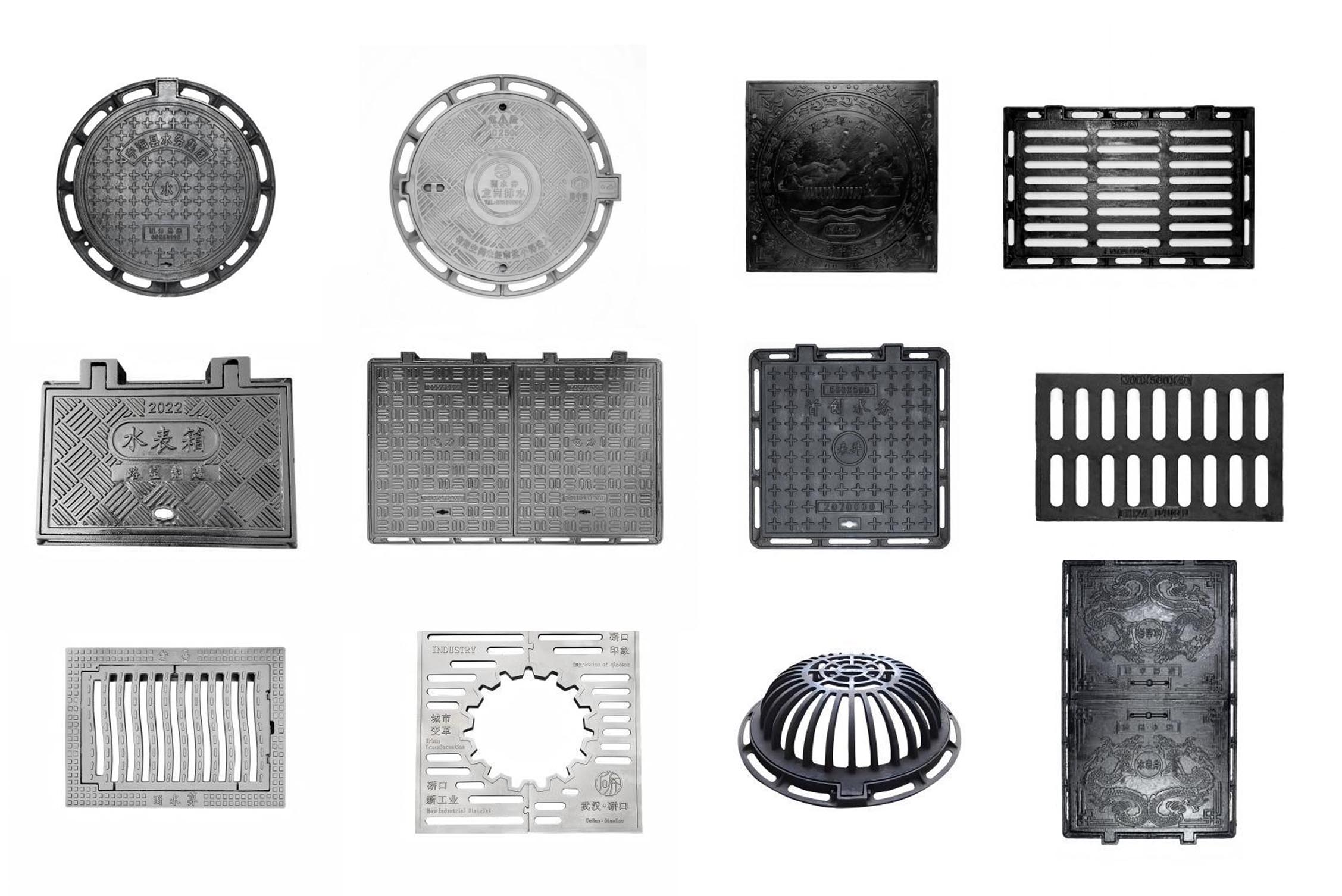 Tiegu ductile iron manhole cover series collection, including round, square, rain grates and other types