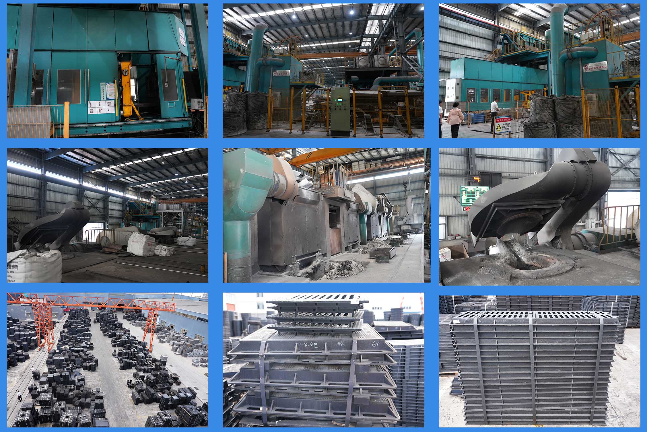 Tiegu ductile iron manhole cover factory workshop, showing automatic production lines