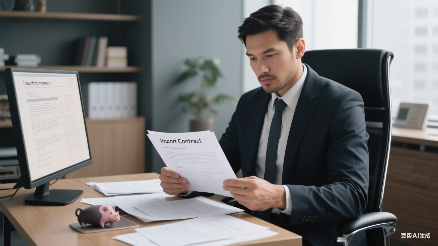 A businessperson sitting in an office, carefully reviewing the import contract and documents related to pig iron