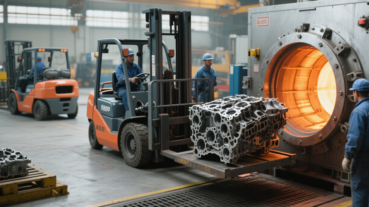 Automotive engine components being loaded into an annealing chamber, with forklifts and workers in the background