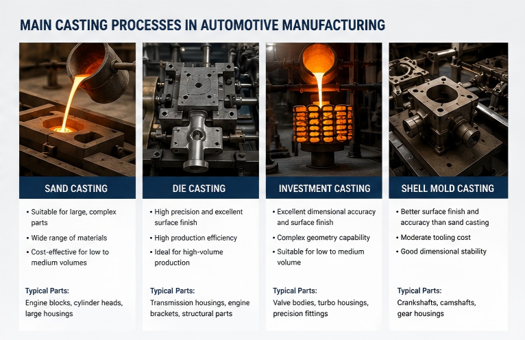 Main automotive casting processes including sand casting, die casting, investment casting, and shell mold casting Main automotive casting processes including sand casting, die casting, investment casting, and shell mold casting