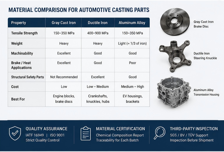 Comparison of grey cast iron, ductile iron, and aluminum alloy materials used in automotive casting applications Comparison of grey cast iron, ductile iron, and aluminum alloy materials used in automotive casting applications