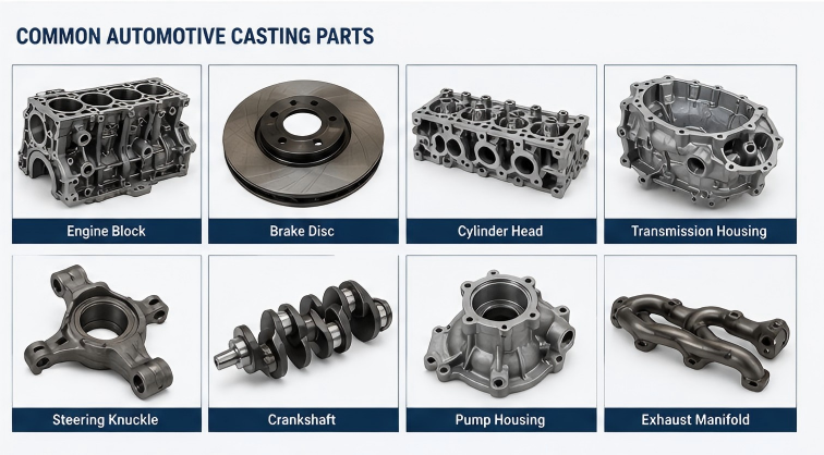 Common automotive casting components including engine blocks, brake discs, cylinder heads, transmission housings, and steering parts Common automotive casting components including engine blocks, brake discs, cylinder heads, transmission housings, and steering parts