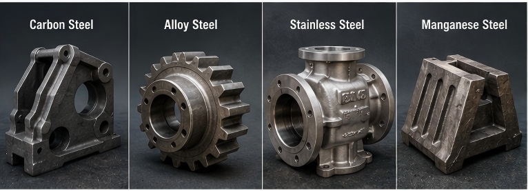 Different steel casting materials including carbon steel alloy steel stainless steel and manganese steel components Different steel casting materials including carbon steel alloy steel stainless steel and manganese steel components