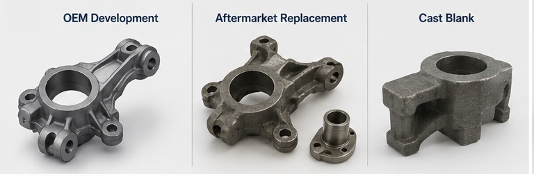 Three common sourcing scenarios for custom vehicle chassis castings including OEM development, aftermarket replacement parts, and cast blanks Three common sourcing scenarios for custom vehicle chassis castings including OEM development, aftermarket replacement parts, and cast blanks
