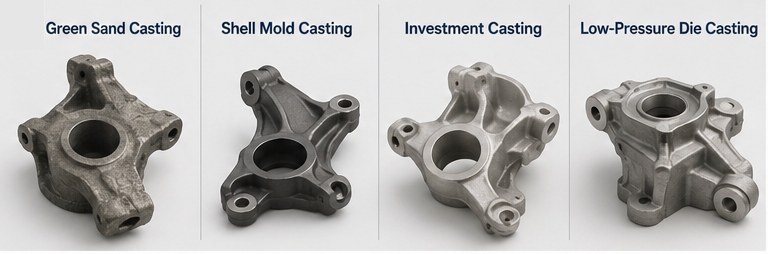 Different casting processes used for custom vehicle chassis components including shell mold, green sand, investment casting, and low-pressure die casting Different casting processes used for custom vehicle chassis components including shell mold, green sand, investment casting, and low-pressure die casting