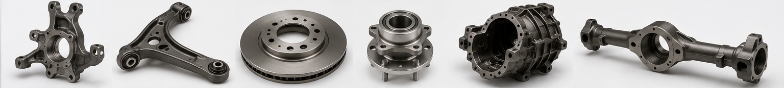 Common automotive chassis cast components including steering knuckles, control arms, brake discs, wheel hubs, differential housings, and axle housings Common automotive chassis cast components including steering knuckles, control arms, brake discs, wheel hubs, differential housings, and axle housings