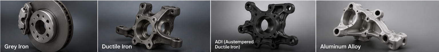Automotive chassis castings manufactured from grey iron, ductile iron, ADI, and aluminum alloy Automotive chassis castings manufactured from grey iron, ductile iron, ADI, and aluminum alloy