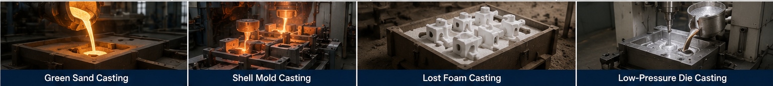 Different casting processes used for automotive chassis components including green sand, shell mold, lost foam, and low-pressure die casting Different casting processes used for automotive chassis components including green sand, shell mold, lost foam, and low-pressure die casting
