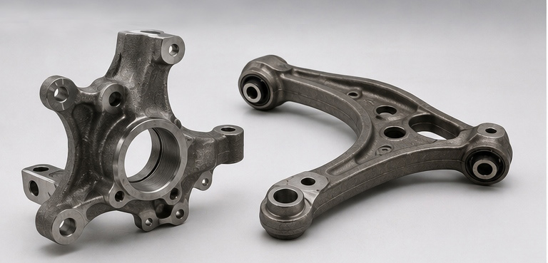 Automotive chassis castings including a steering knuckle and control arm for vehicle suspension systems Automotive chassis castings including a steering knuckle and control arm for vehicle suspension systems