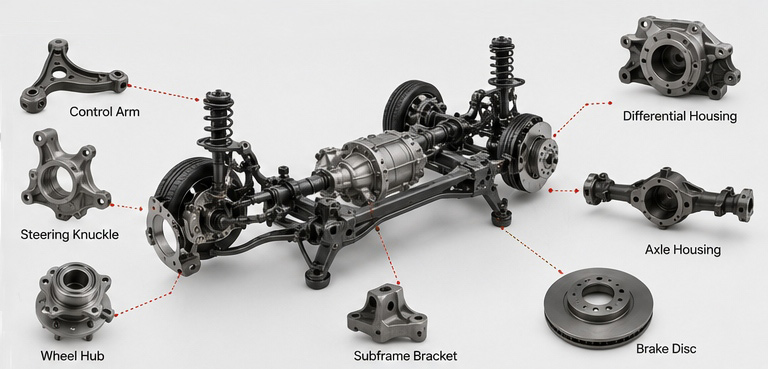 Exploded view of automotive chassis components showing steering knuckles, control arms, wheel hubs, brake discs, and differential housing Exploded view of automotive chassis components showing steering knuckles, control arms, wheel hubs, brake discs, and differential housing