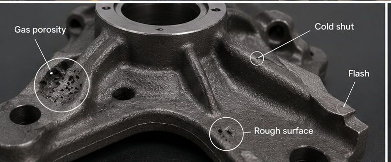 Common casting defects on a metal casting including porosity, flash, and cold shut