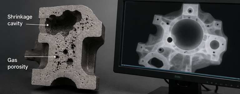 Internal shrinkage cavity and gas porosity revealed by sectioning and X-ray inspection