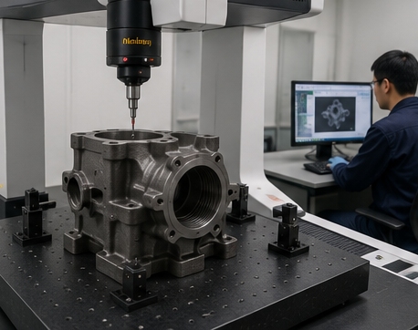 Coordinate measuring machine (CMM) inspecting a precision cast component