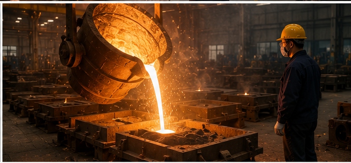 Molten metal being poured into sand molds during the casting process in a Chinese foundry Molten metal being poured into sand molds during the casting process in a Chinese foundry
