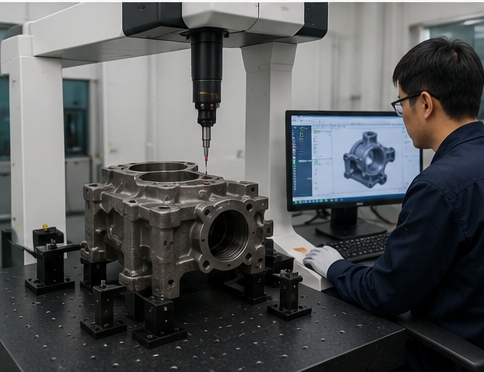 Coordinate measuring machine inspecting a precision metal casting for dimensional accuracy Coordinate measuring machine inspecting a precision metal casting for dimensional accuracy