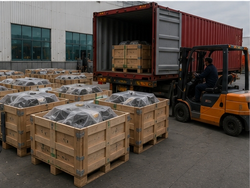 Export-ready industrial castings prepared for international shipment from a Chinese foundry Export-ready industrial castings prepared for international shipment from a Chinese foundry