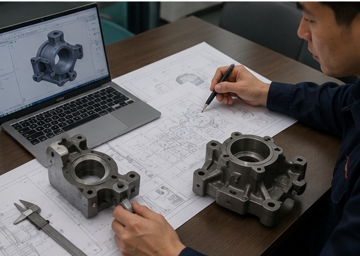 Engineering team reviewing casting drawings before supplier selection and production Engineering team reviewing casting drawings before supplier selection and production