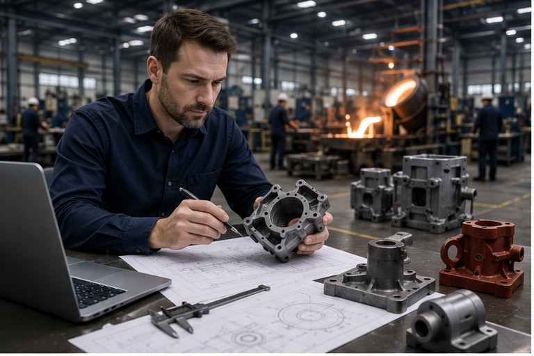 International buyer evaluating metal casting suppliers and inspecting industrial cast components before sourcing from China International buyer evaluating metal casting suppliers and inspecting industrial cast components before sourcing from China