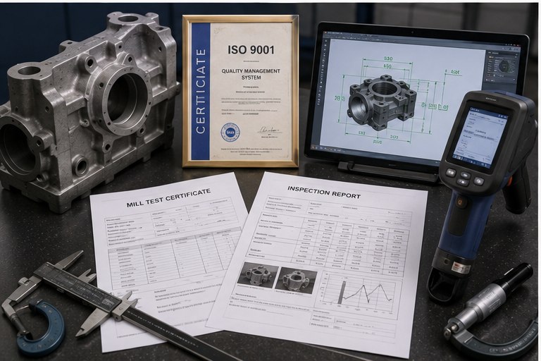 Quality inspection documents, CMM reports, material certificates, and casting samples used to evaluate a metal casting supplier Quality inspection documents, CMM reports, material certificates, and casting samples used to evaluate a metal casting supplier